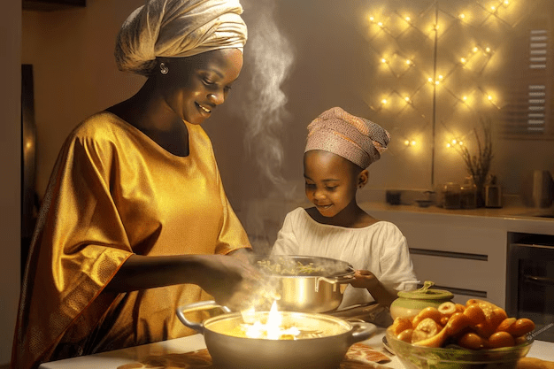 Mum preparing Nigerian cuisines with her child.